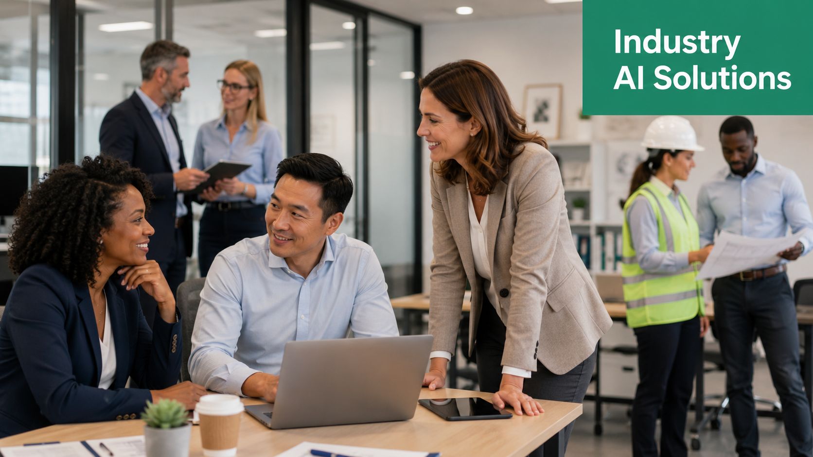 A diverse team of professionals collaborating on business strategies in a modern corporate office setting.