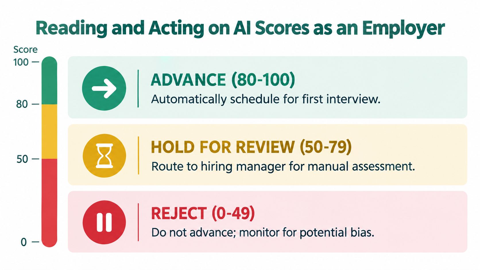 A chart showing employer hiring actions based on AI scores: advance, hold for review, or reject candidates.
