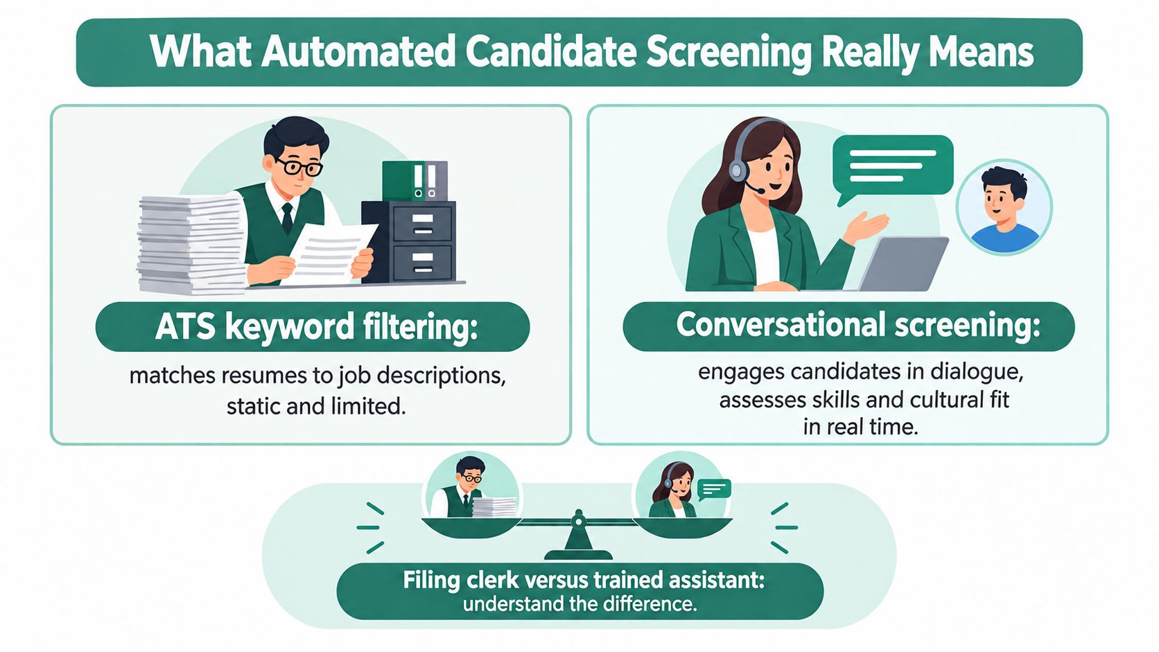 A visual comparison between static ATS keyword filtering and dynamic conversational screening for candidate recruitment processes.