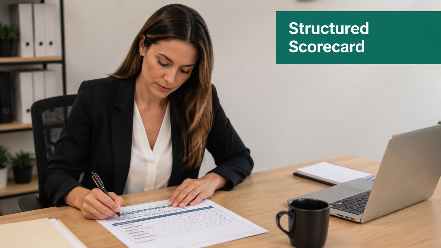 A professional woman in a suit sitting at a desk while filling out a structured scorecard document.