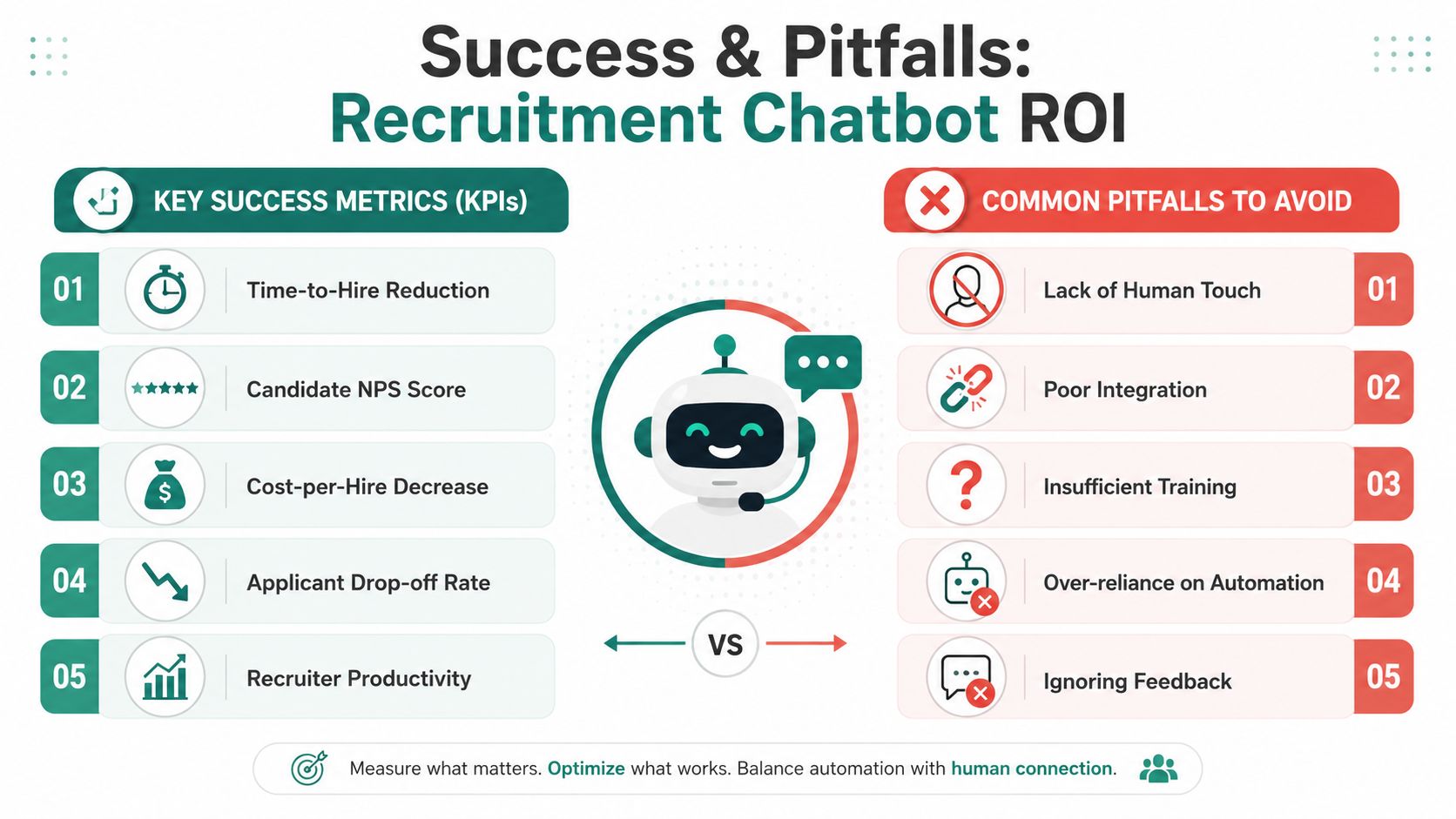 An infographic highlighting key recruitment chatbot success metrics and common pitfalls to avoid for better ROI.