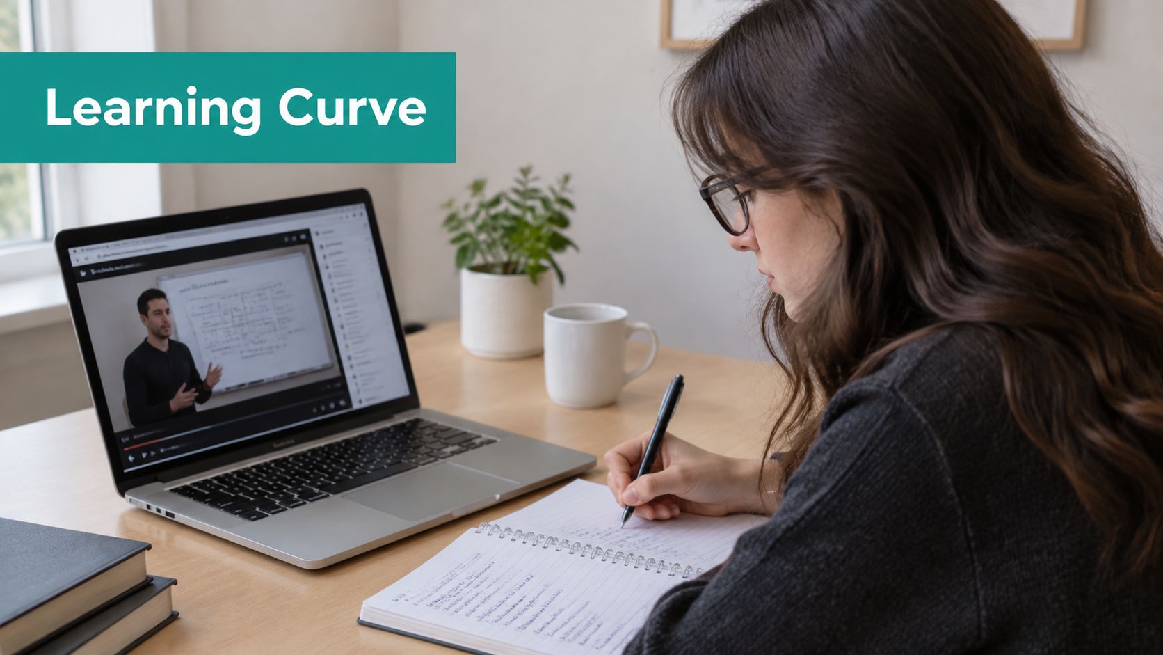 A woman studying online with a laptop while taking notes at her desk at home.