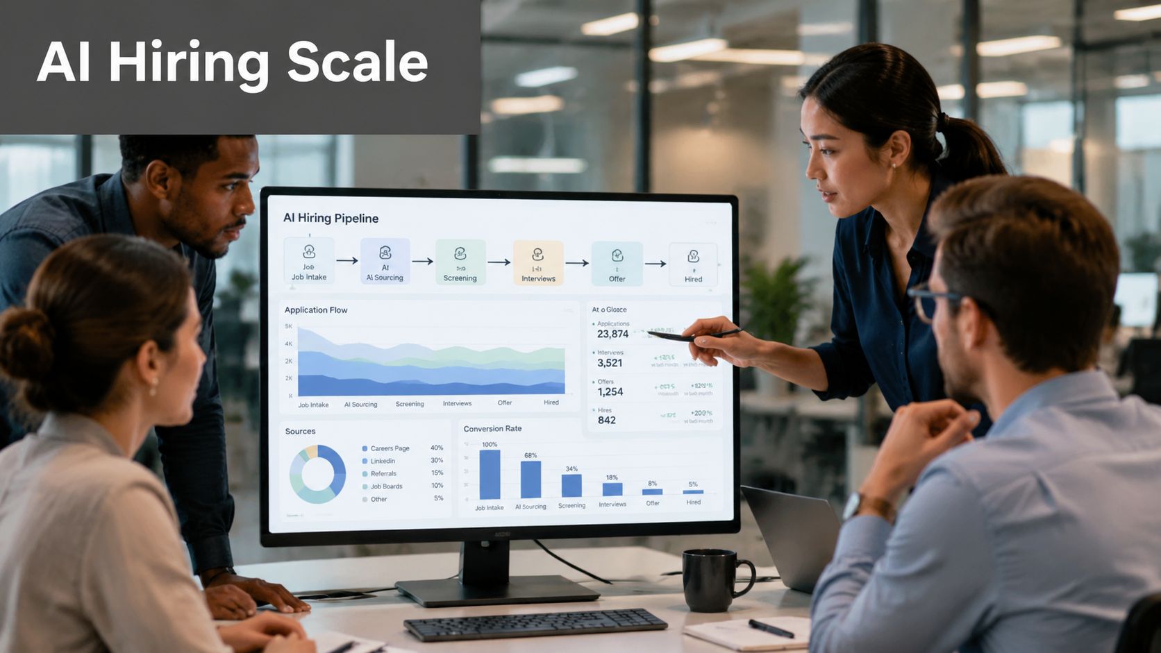 A professional team reviews an AI-powered hiring pipeline dashboard on a large monitor in an office.