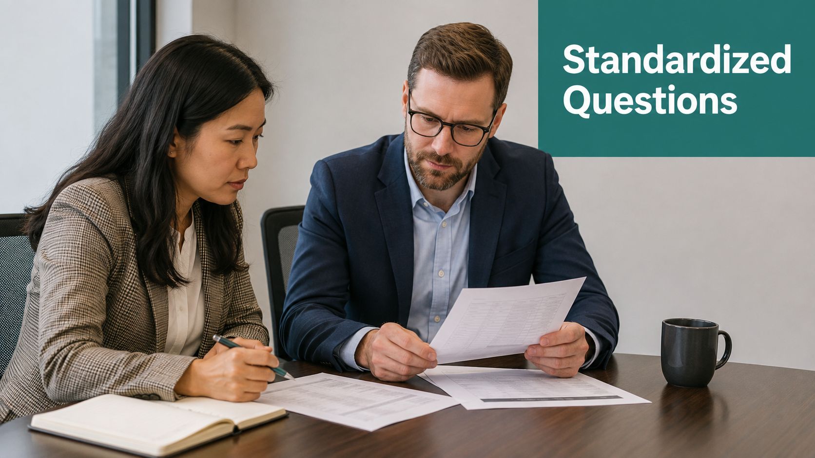 A professional man and woman review business documents together during a collaborative meeting in an office.
