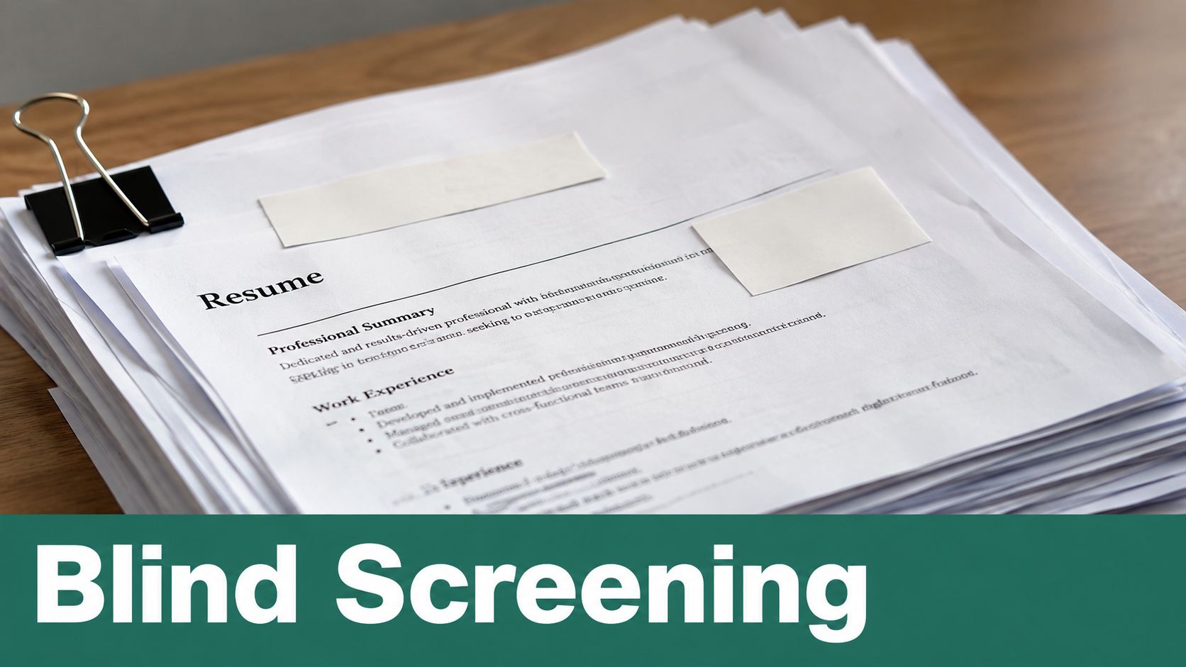 A stack of printed resumes with blank white stickers covering personal details for anonymous hiring procedures.