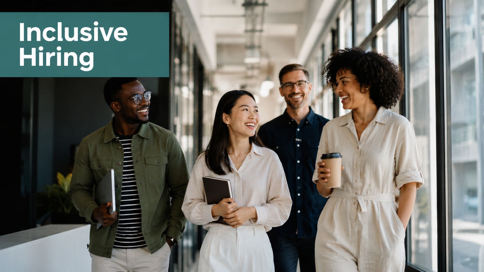 A diverse group of four professional colleagues walking and talking together in a bright modern office.