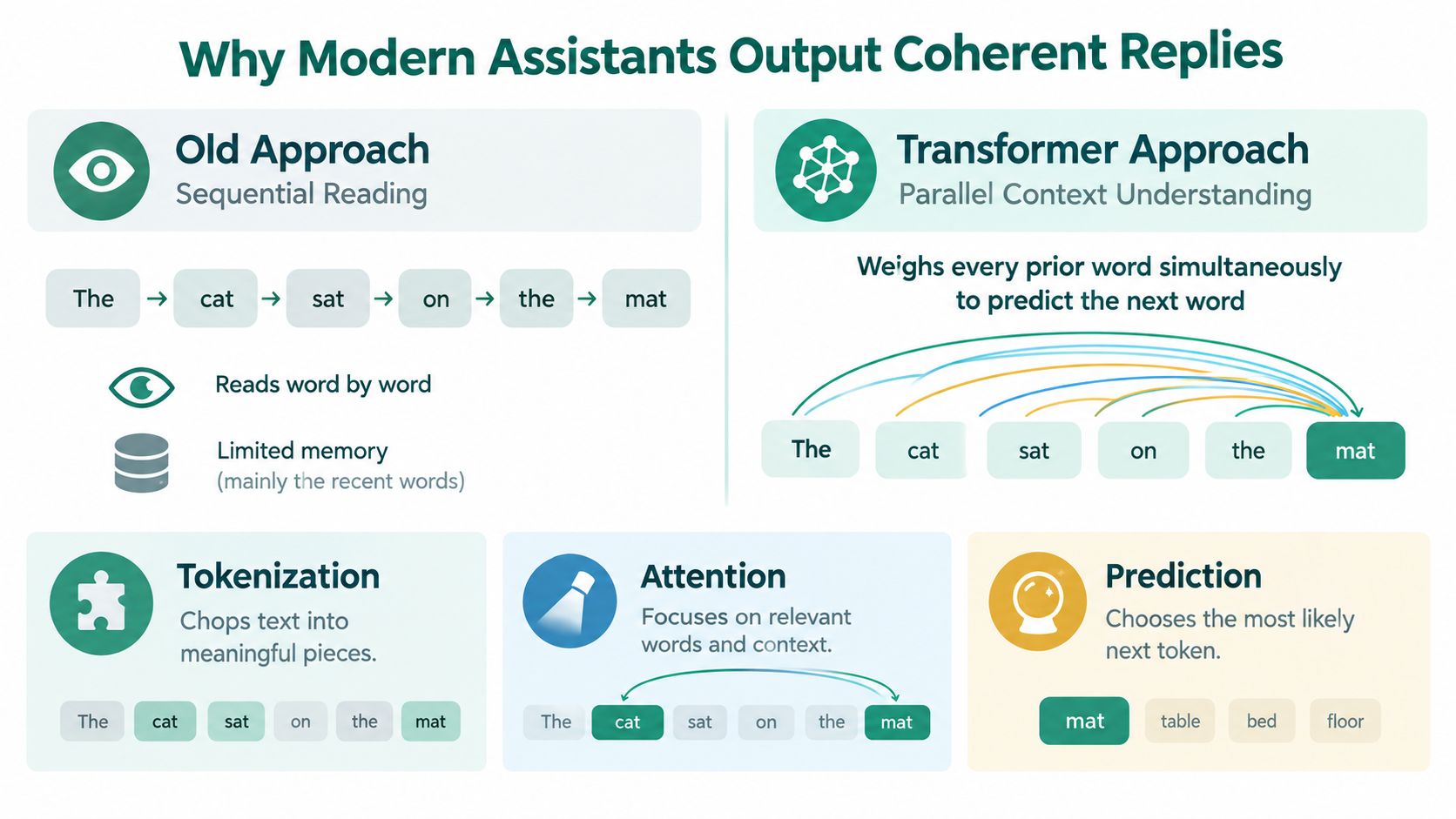 An infographic showing the evolution from sequential processing to parallel transformer-based context understanding in modern artificial intelligence assistants.