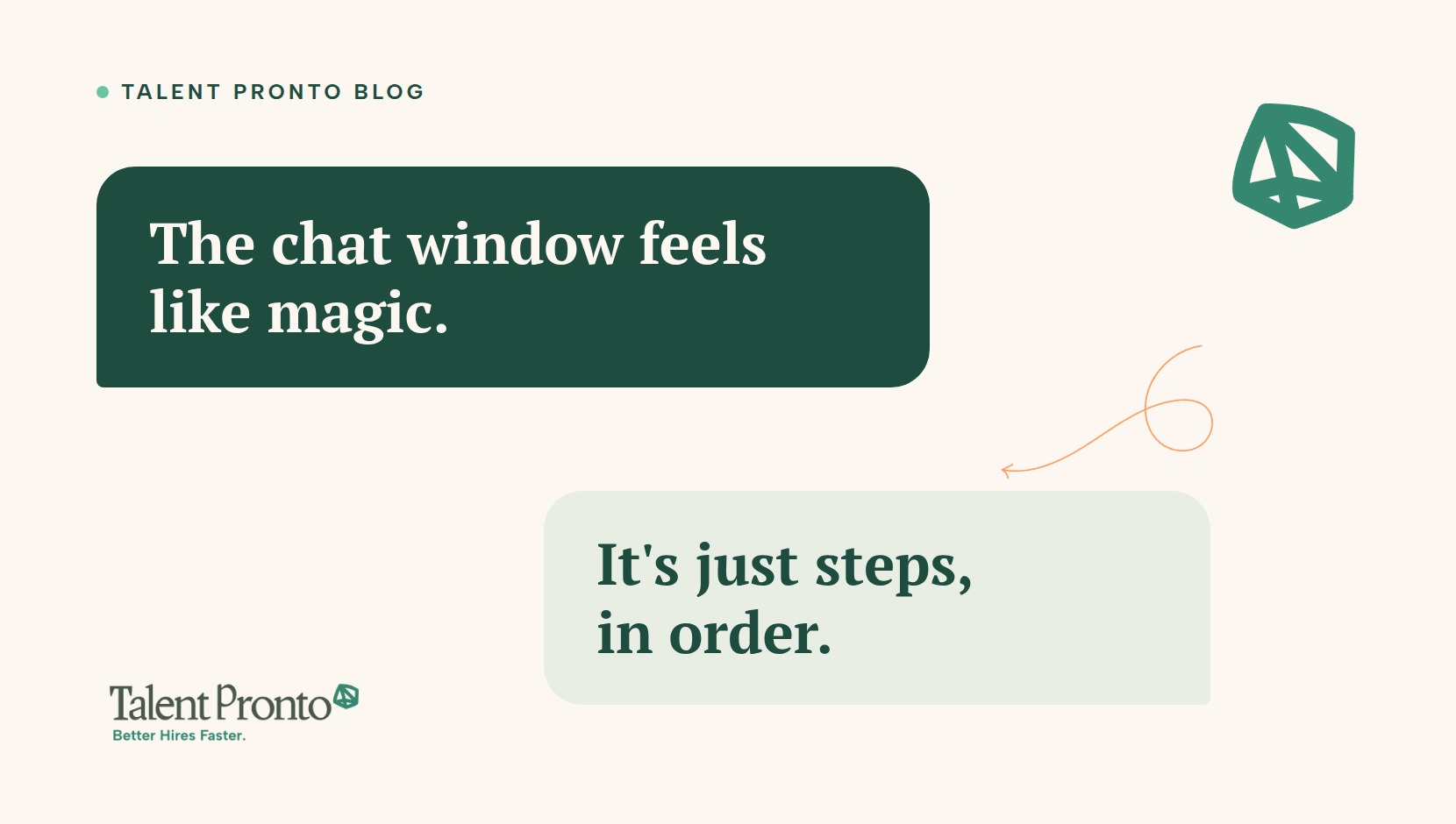 Talent Pronto blog cover reading 'The chat window feels like magic. It's just steps, in order.'