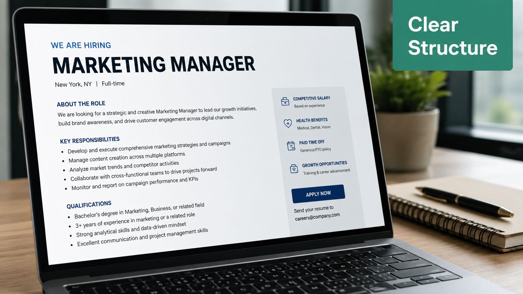 A laptop screen displaying a job advertisement for a Marketing Manager position in an office setting.