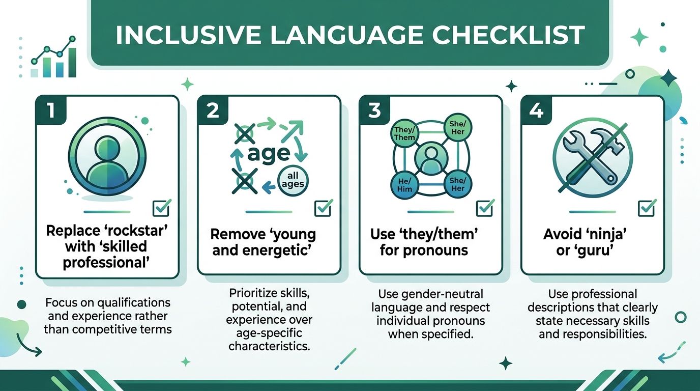 A four-point infographic guide on using inclusive language in job advertisements to promote diversity and equity.