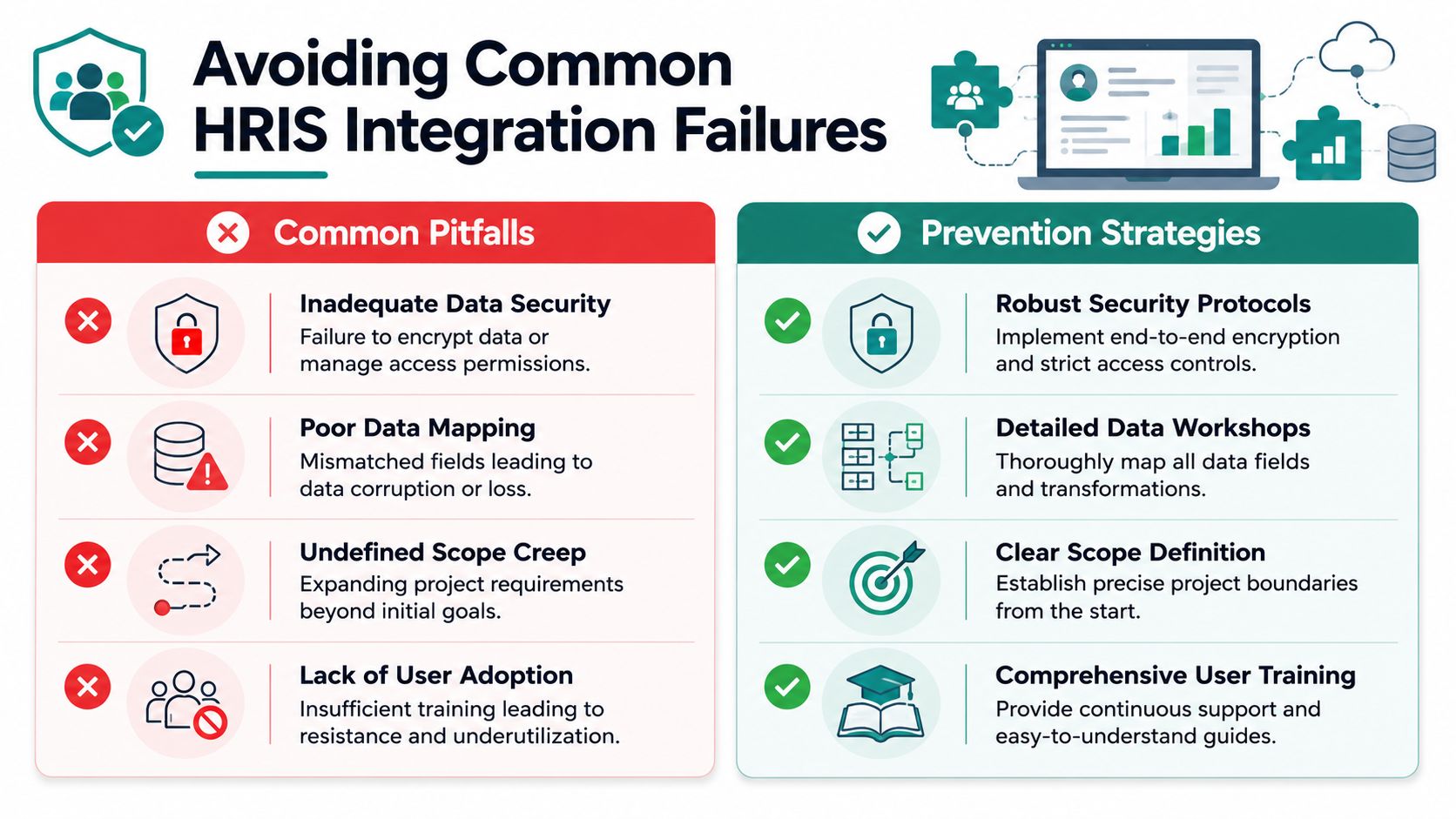 A visual guide outlining common HRIS integration pitfalls and effective strategies for successful implementation and prevention.