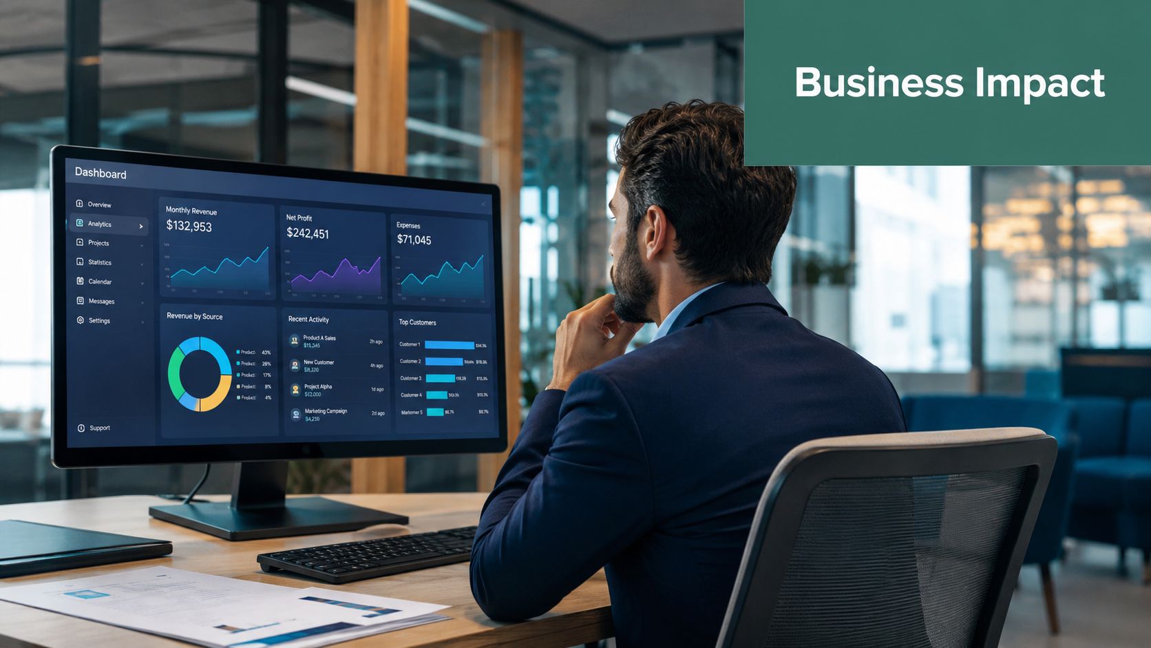 A professional man in a suit looking at business data analytics on a computer screen.