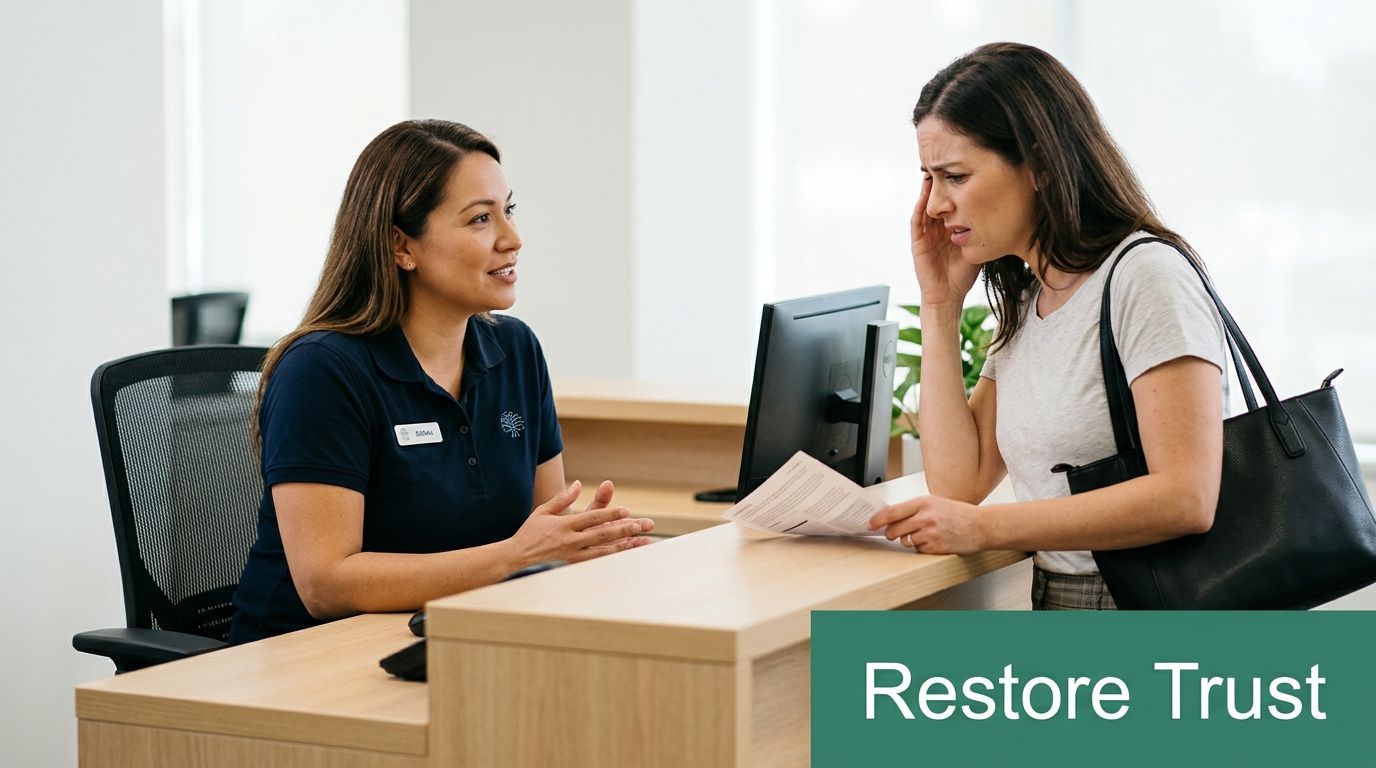 A concerned woman discusses paperwork with a professional receptionist at a brightly lit office front desk.