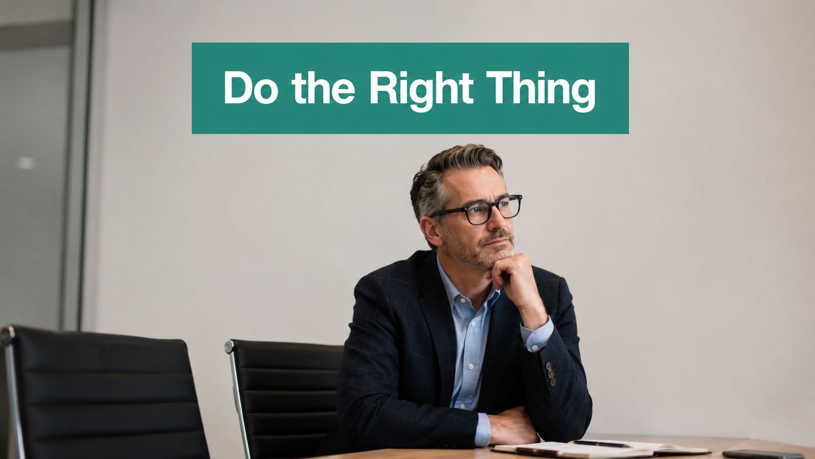 A professional man in a suit thinking while sitting at a conference table for an interview.