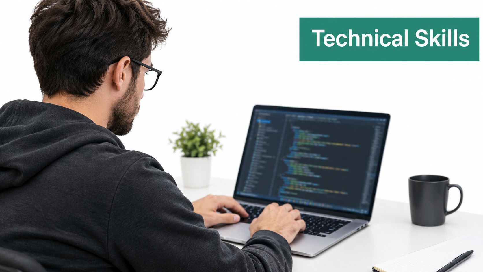 A male software developer working on programming code on his laptop at a minimalist white office desk.