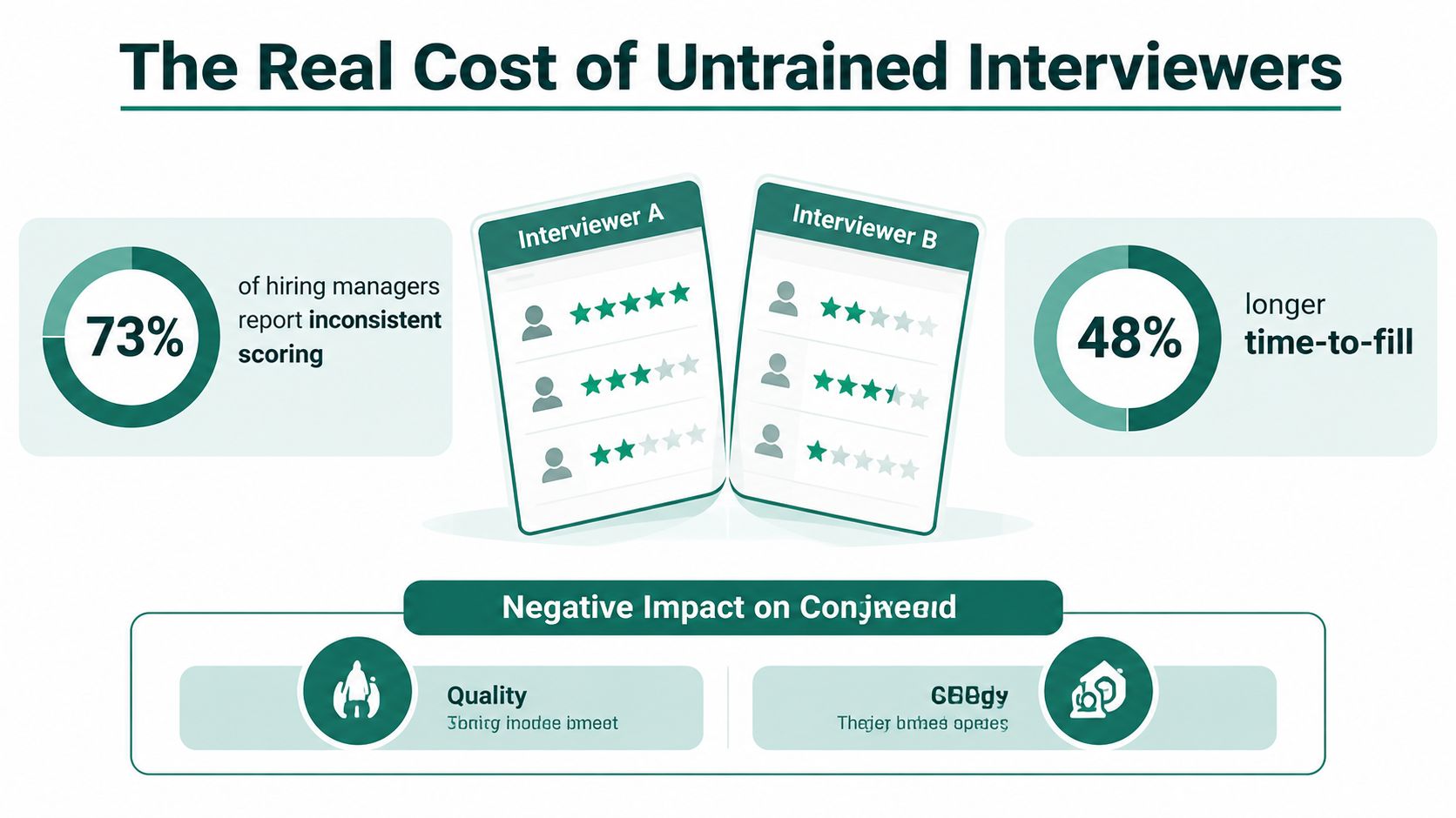 An infographic illustrating the negative impacts of untrained interviewers, including inconsistent scoring and longer hiring times.