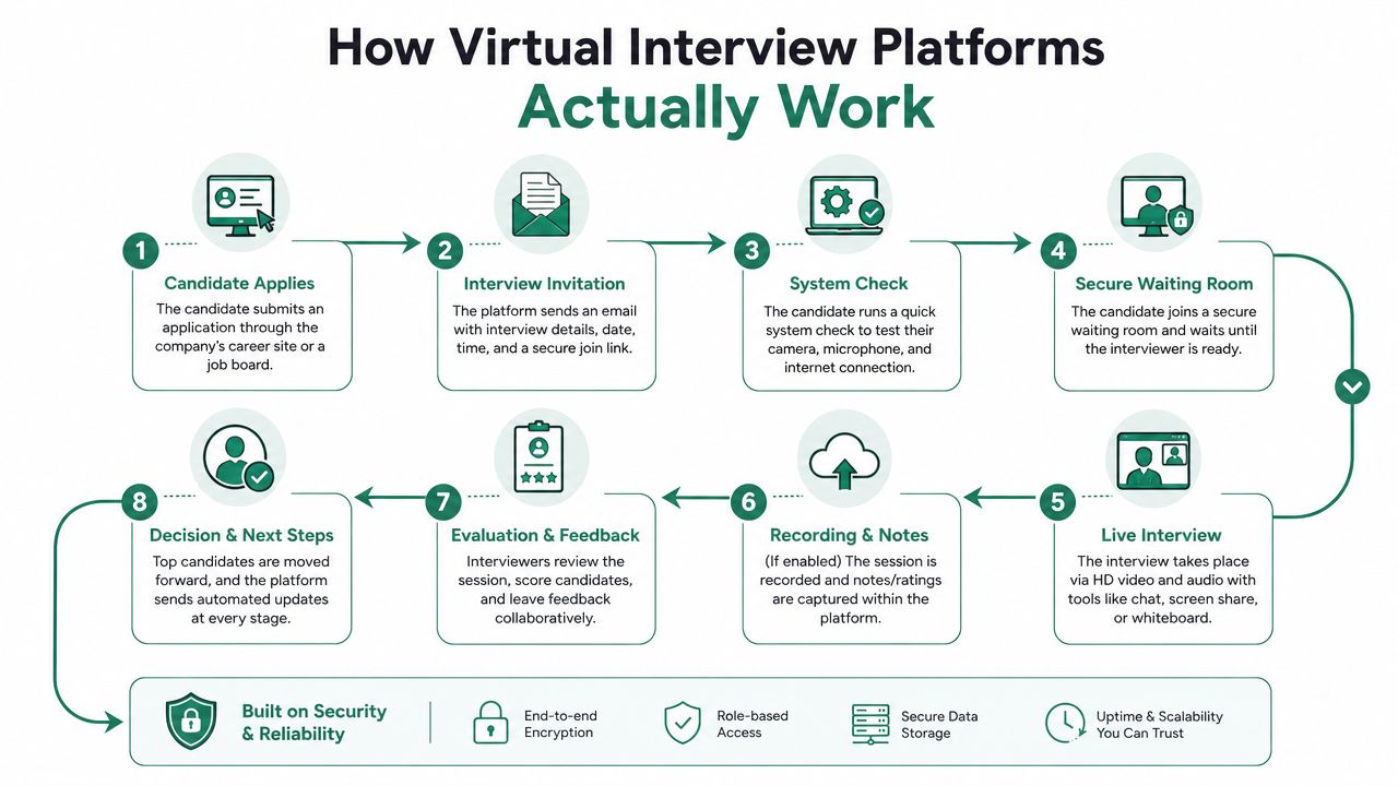 An infographic showing the step-by-step process of how virtual interview platforms function, from application to final hiring.