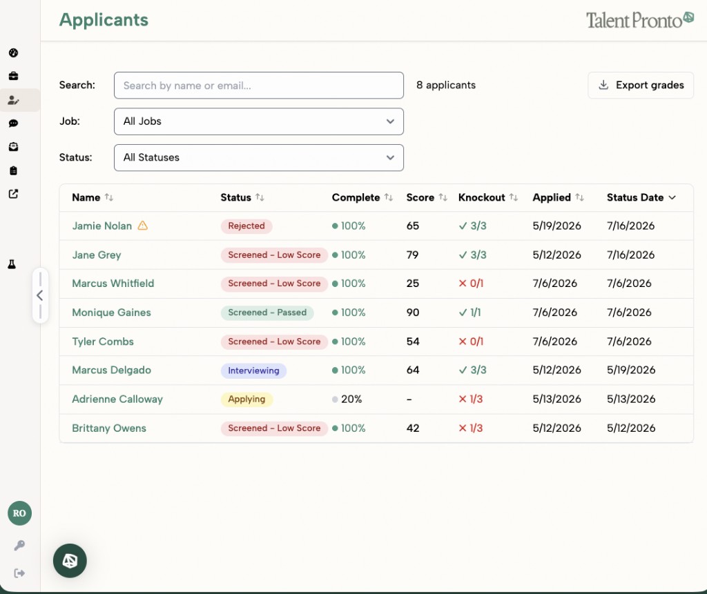 Applicant list in the Talent Pronto ATS with statuses, scores, knockout results, and completion