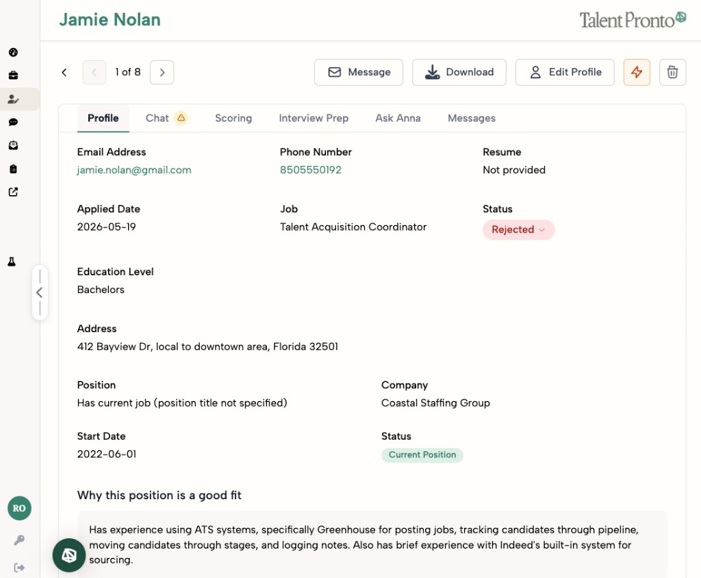 Candidate profile in the Talent Pronto ATS showing contact details, work history, and fit summary