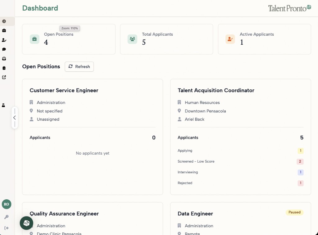 Dashboard showing open positions, applicant totals, and per-job pipeline stats