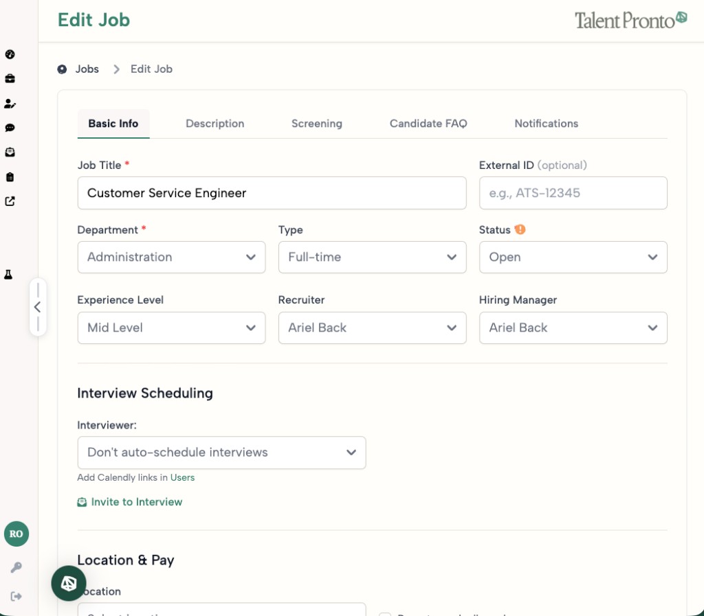 Job editor in the Talent Pronto ATS with tabs for basic info, description, screening, candidate FAQ, and notifications