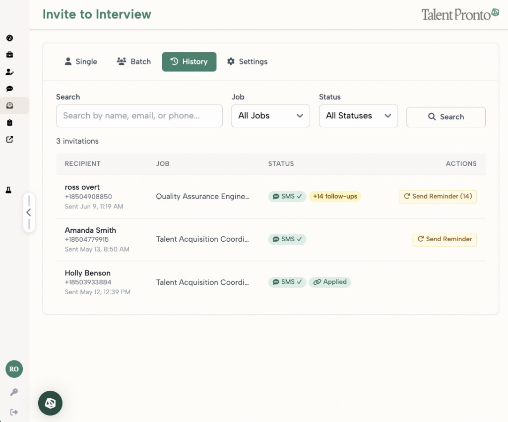 Invite to Interview history showing sent invitations, follow-ups, and applied statuses
