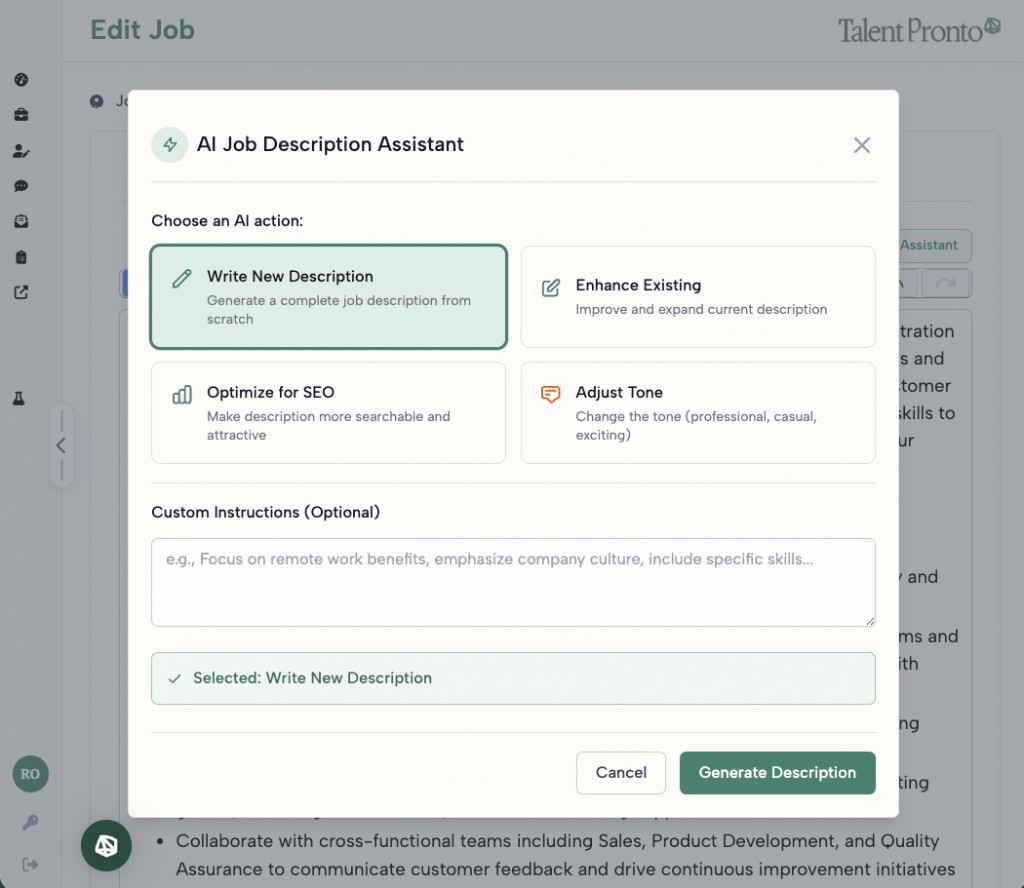 AI Job Description Assistant with options to write, enhance, optimize for SEO, or adjust tone