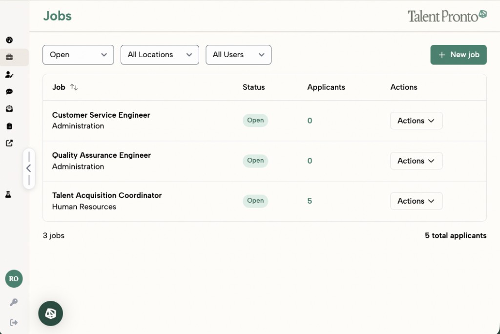 Jobs list in the Talent Pronto ATS showing open roles with statuses and applicant counts