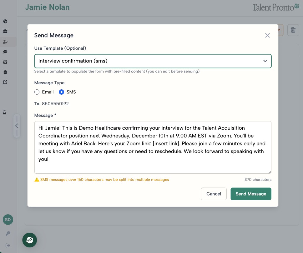 Send message dialog with email and SMS options and an interview confirmation template