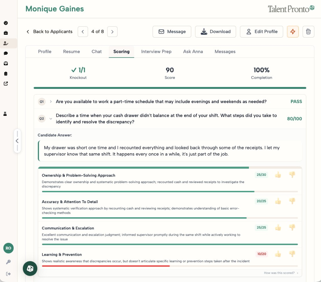 An interview answer scored against a rubric with per-criterion scores and reasoning